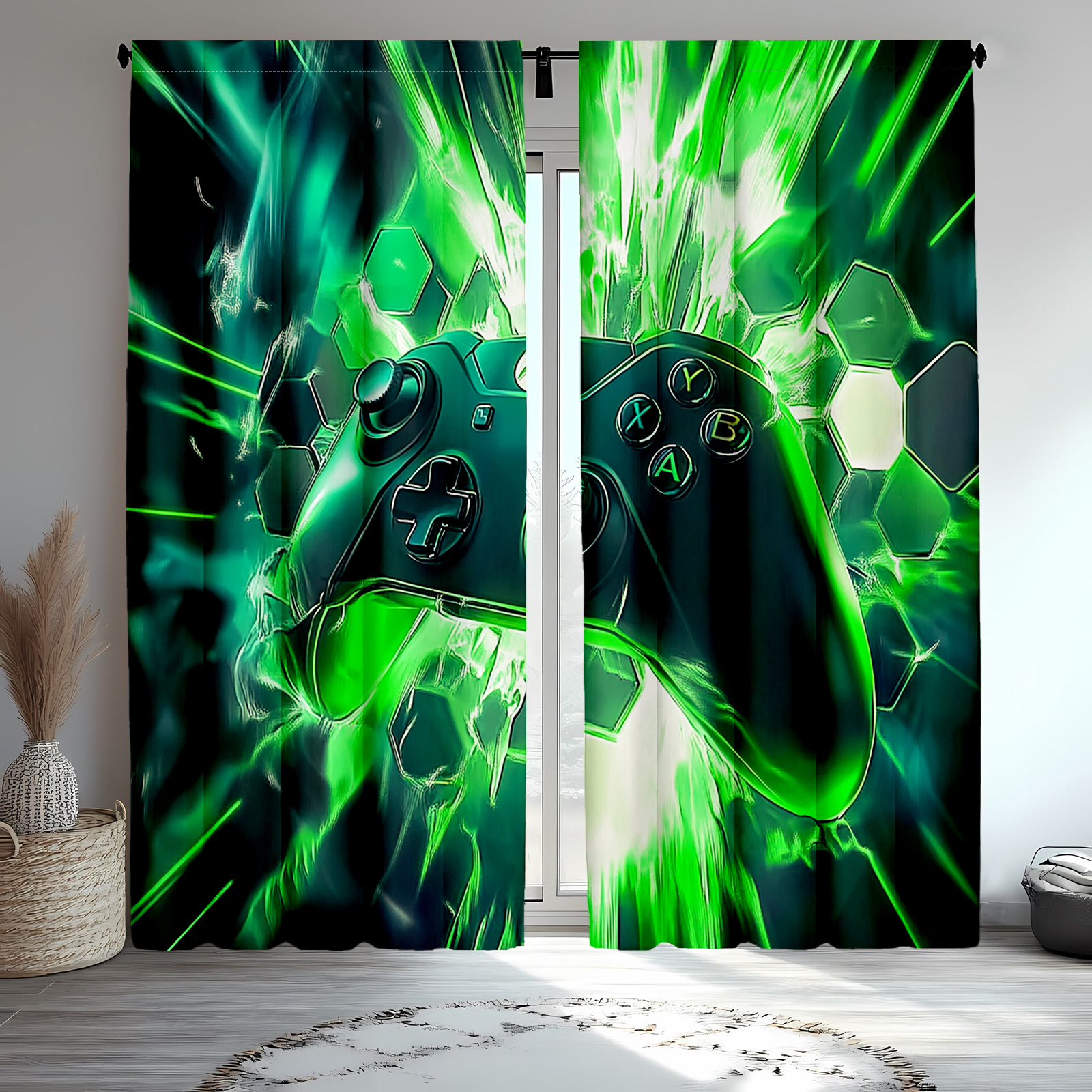 Office Tech Room - Gaming Controller Curtains Green Energy Design